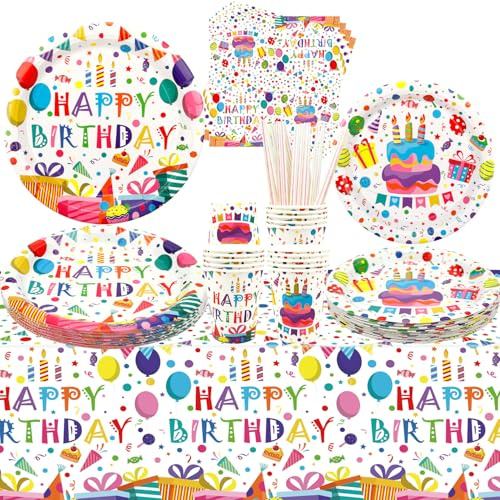 Happy Birthday Party Supplies - Colorful Polka Dots Party Tableware - Dinner Plates Desserts Plates Cups Napkins Tablecover Straws for Rainbow Dots Kids Baby Shower Supplies, Serves 20