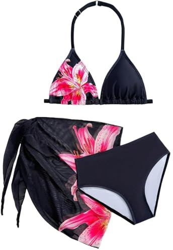 Awinclo Girls 3 Piece Swimsuits Floral High Waisted Bikini Bathing Suit with Mesh Coverups Skirt