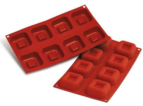Silikomart Professional Silicone Flexible Bakeware: Square Savarin 2.47 Oz, 2.5 x 2.5 x 1 High, 8 Cavities