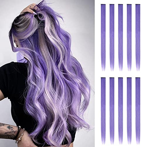 FESHFEN Violet Extension de Cheveux Colorés, Couleur Violet Clair Extensions de Cheveux 10 PCS Naturel Synthétique colorés Postiche Cheveux Long Raides Extensions de Cheveux pour Femmes 55 cm