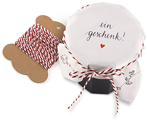25 Marmeladendeckchen Weiß, Abreißblock mit Geschenk Spruch & Blumen, florale Gläserdeckchen zum selbst beschriften für Eingemachtes & selbstgemachte Marmelade, Recyclingpapier + 10 m Bastelschnur