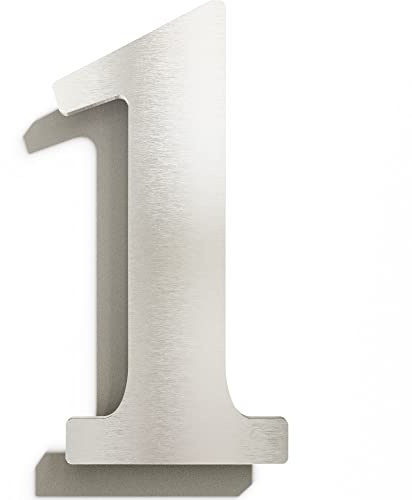 Edelstahl Hausnummer 1 - massiv, wetterfest & rostfrei - 14 cm groß - mit Befestigungsmaterial - Design Hausnummern-Schild gebürstet N-02-1-E