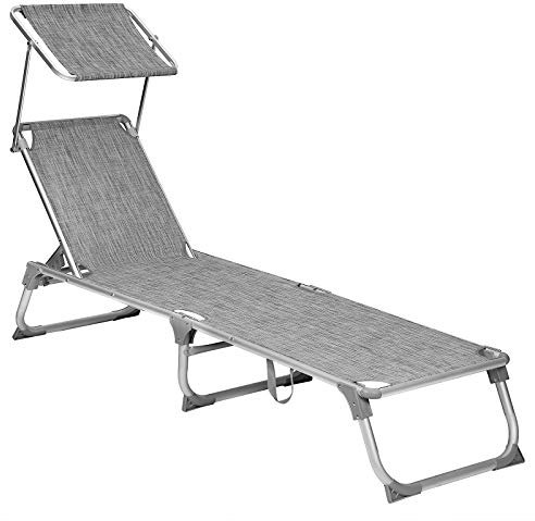 SONGMICS Sun Lounger, Sunbed, Reclining Sun Chair with Sunshade, Adjustable Backrest, Foldable, Lightweight, 55 x 193 x 31 cm, Load Capacity 150 kg, for Garden, Patio, Mottled Grey GCB19TG