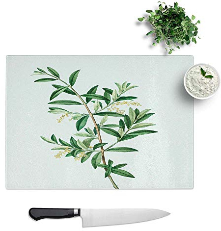 Glass Chopping Board, Green Olive Tree by Redoute, 39x28.5 cm | Textured Glass Worktop Saver with Non-slip Feet, Hygienic Cutting and Serving Board for Protecting Kitchen Surfaces