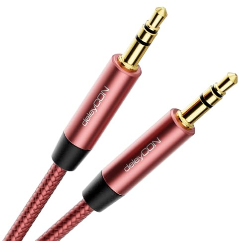 deleyCON 1m Nylon AUX Kabel 3,5mm Klinke Stereo Audio - Rot/Rosa | Klinkenkabel Audiokabel Nylonkabel mit Metallstecker, für Handy, Smartphone, Tablet, Kopfhörer und HiFi Receiver