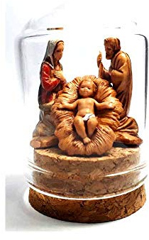 ricevi 1 pezzo presepe completo in campana miniatura vetro alta 5cm diametro 3,5 cm base sughero con nativita' plastica 3,5 cm maria giuseppe gesu' statuine presepe marc omaggio portachiavi corni