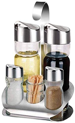 Cruet Set with stand-5-piece Stainless Steel Kitchen Spice Bottles Set-Salt and Pepper Shakers Oil and Vinegar and Toothpick Box Condiment Server Holder-Cooking Tools