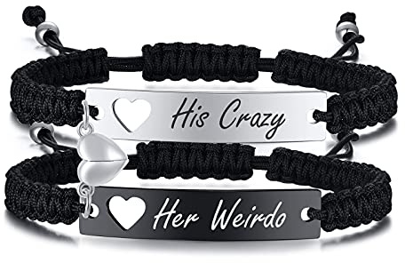 Matching Bracelets for Couple Gifts Christmas - His Crazy Her Weirdo Engraved Mutual Attraction Heart Magnetic Bracelets for Lover Him Her Soulmates Friend for Promise Anniversary Valentine's Day