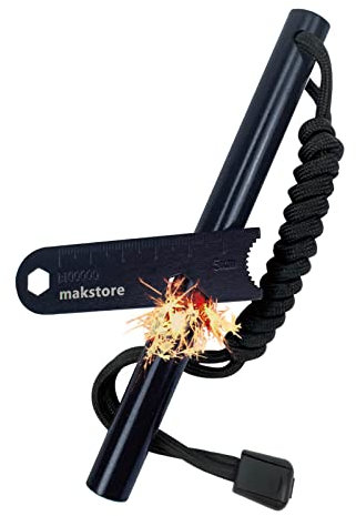 makstore 6 x 1/2 Inch Survival Ferro Rod - Flint and Steel Kit - Fire Starter with Paracord Landyard Handle and Striker (Black)