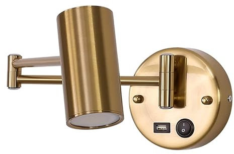 OOWOKS Vintage Industrial Lange Arm Wandleuchte mit Schalter,Innen Verstellbare Nachttischlampe mit USB Ladeanschluss Wandlampe aus Metall Leselampe Drehbar Langer Arm Wand-Leselampen E27,Gold