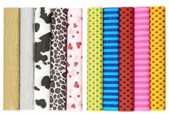 Krepppapier 25x200 cm Crepepapier für Handwerke, Kräuselpapier zur Dekoration, Schulpapier, Rollenpapier Elastizität, nicht abfärbende Farben, Mustermix Packung 10 Stück