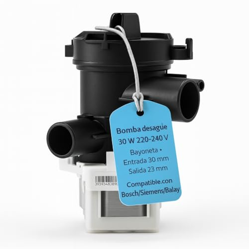 RECAMBIOS DREYMA Bomba Desagüe Lavadora 30W 220V 145212 Bosch Siemens Balay Neff Constructa Copreci 2KEBS111/047 KEBS101/024 Entrada 30mm Salida 23mm No incluye el tubo rebosadero