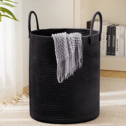 YOUDENOVA Corbeille à Linge Pliable Panier à Linge Grand Panier de Rangement Panier Linge Sale Corde en Coton 38cm(D) x50cm(H) Noir