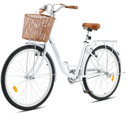 Viribus Vintage Ladies Bike with Basket, 26 Inch Girl’s Dutch Style City Bicycle with Carbon Steel Frame, Dual V Brakes, Single Speed Women’s Comfort Bike with Adjustable Seat & Handlebars, White