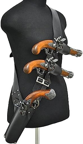 DREMDO Mittelalterliche Piraten Steinschloss Holster, Steampunk Retro-Leder Einzelne Schulter Gun Holder, Verstellbare Crossbody 3 Pistolen Holster Für Cosplay