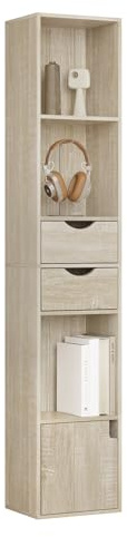 WOLTU Libreria Scaffale Moderna in Legno, Libreria Verticale con 3 Vani Aperti, 2 Cassetti e 1 Armadietto, Mobile Portaoggetti Portalibri da Terra con Ripiano Regolabile, Legno Chiaro, 30x24x158cm