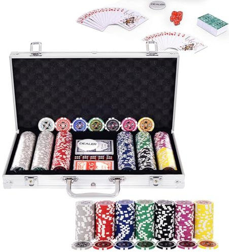 RELAX4LIFE Pokerset Pokerkoffer mit 300 Poker Chips, 2 Kartendecks, Händler & 5 Würfel, Kartenspiel für Partys & Picknick & Ausflug, Ink. abschließbares Poker Koffer aus Alu (Silber)