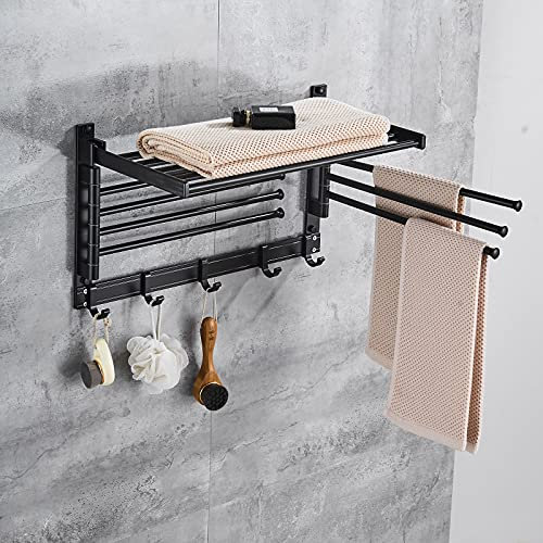 Badezimmer Handtuchhalter,Metall Wand Handtuchstange,Ausziehbar Alu Handtuchauszug Wand,7-armig Handtuchhalter,Handtuchstange Wandhandtuchhalter mit 6 Haken Ausziehbar Schwenkarmen (Schwarz)