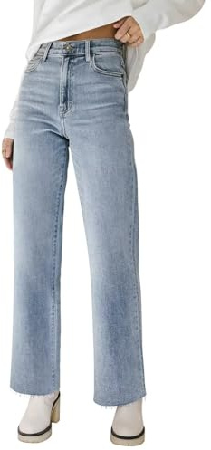 KDF Straight Leg Jeans for Women High Waisted Frayed Baggy Pants, Raw Hem, Loose, Stretchy Cropped Wide Leg, Light Blue, Size 8