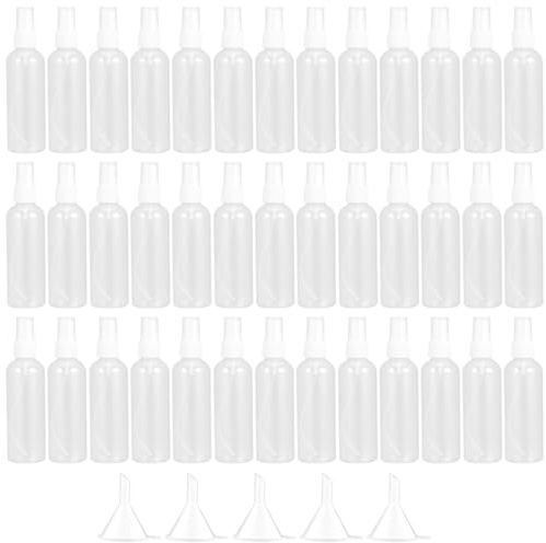 MAHIONG Paquete de 40 botellas de spray de 100 ml, botella de spray transparente con 5 embudos, botella de spray de viaje recargable, atomizador de perfume de plástico vacío para el hogar, viajes y