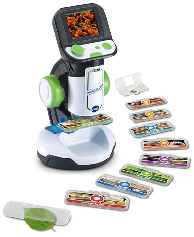 VTech - Microscopio educativo multimediale, Microscopio per bambini +7 anni, 240 immagini e video della BBC, Giocattolo scientifico educativo, Display digitale a colori, contenuto spagnolo