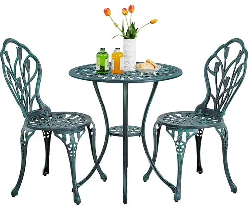 Yaheetech Set di Tavolo e Sedie da Giardino Set Mobili 2 Sedie 3 Pezzi Bistrò Veranda Balcone Motivo a Tulipano Lega di Alluminio Verde