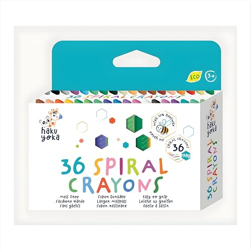 Haku Yoka 6303080 Spiral Wachsmalstifte-Set, 36 Wachsmalfarben, bunte Wachsmalkreide mit Griff-Ringen, leicht zu greifen, ohne Abfärben, ideal für Kinder ab 3 Jahren