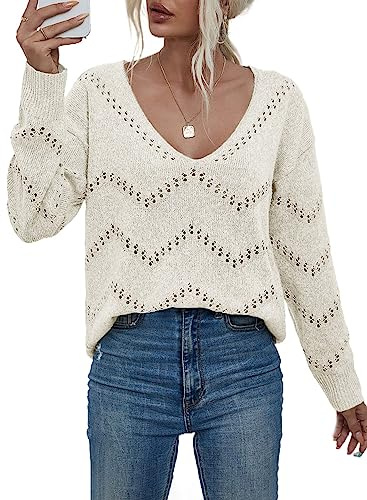 Dokotoo Damen Strickpullover V-Ausschnitt Elegant Leicht Pullover Einfarbig Lose Langarmshirt Oberteil Pulli für Herbst Winter S-XXL