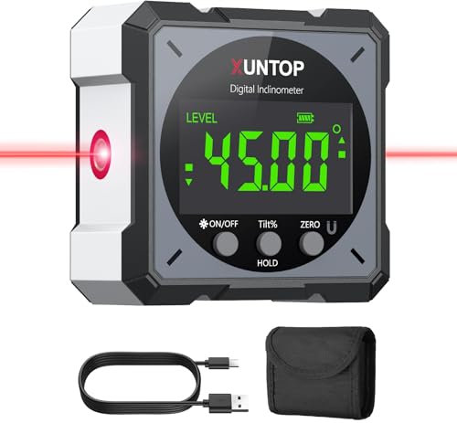 XUNTOP Digitaler Winkelmesser Neigungsmesser Laser Wasserwaage mit LCD Display, Type-C Schnittstelle IP54 Wasserdicht Magnetisch Nivellierbox Level Box für Holzarbeiten, Bau, Dekoration, DIY - Grau