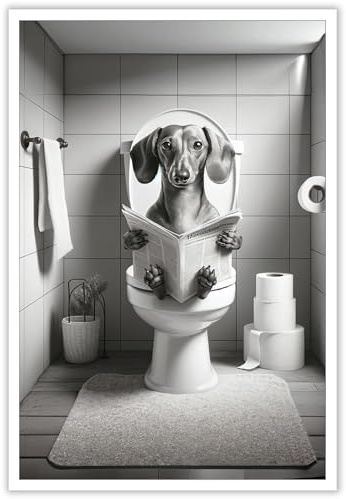 ADRHGCY Lustiges Dackel-Poster, Wandkunst, Tier auf Toilette, sitzend auf Toilette und Zeitungsdrucke, Gemälde für Badezimmer, Zuhause, Schlafzimmer, Wohnheim, Wanddekoration, 30,5 x 40,6 cm,