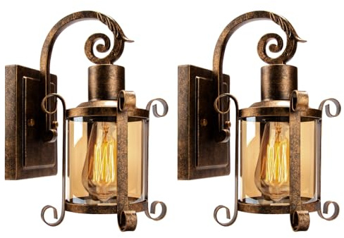 Plfann Rustikale Innen Bernstein Glas Wandleuchte 2er-Pack, Bronze gebürstet, industrielle Lampe Veranda Beleuchtung wasserdicht Retro-Lampe für Innen Schlafzimmer Wohnzimmer Outdoor（NO Bulb）