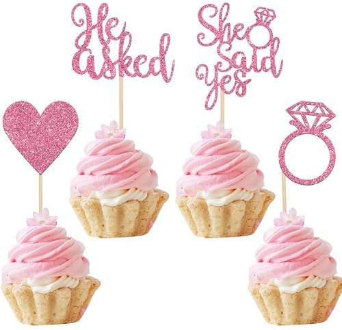 Xsstarmi Cupcake-Aufsätze mit Aufschrift He Asked She Said Ye, glitzernd, Herz, Ring, Junggesellinnenabschied, Cupcake-Picks für Hochzeit, Verlobung, Brautparty, Motto-Party, Kuchendekorationen,