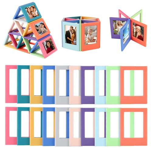 Gugxiom 20 Pack 3 Inch Magnetic Photo Frame, Plastic Colorful Picture Frame Set, Mini Magnetic Frames for Fridge, Table Photo Display for Home Office (Multicoloured, 20)