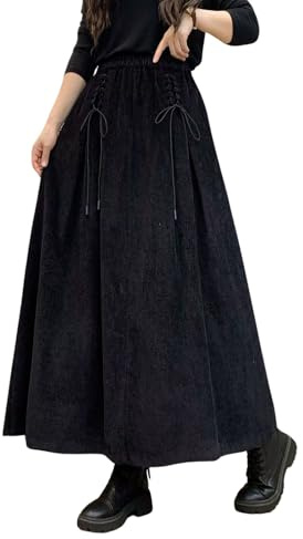 ebossy Women's Corduroy Maxi Skirt Elastic High Waist Drawstring Tie Front A-Line Pleated Long Skirt with Pockets, Black, S