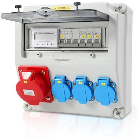 Gimisgu Distributore da parete CEE 1 x 32 A 5P, 3 x 16 A, 230 V, con interruttore di protezione della linea e contatore di corrente a 3 fasi, impermeabile, IP44, precablato