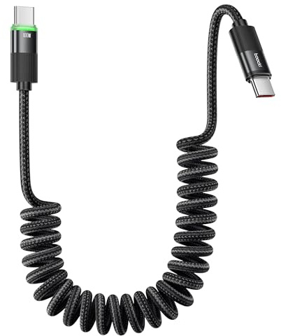 toocki Câble USB C Spiralé 1.2 M, PD 100 W Cable USBC vers Type C Rétractable Charge Rapideavec LED pour Android Auto iPhone 17 Pro Max/16/16 Pro Max/15, Samsung Galaxy S25 / S24, Xiaomi, Huawei