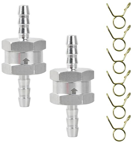 2 Piezas Válvula de Retención de Combustible con 6 Clip de Resorte, 6mm Válvula de Retención de Aluminio Aleación, Válvula de No Retorno de Combustible, para Aceite Cromado y Agua, Gasolina, Diésel
