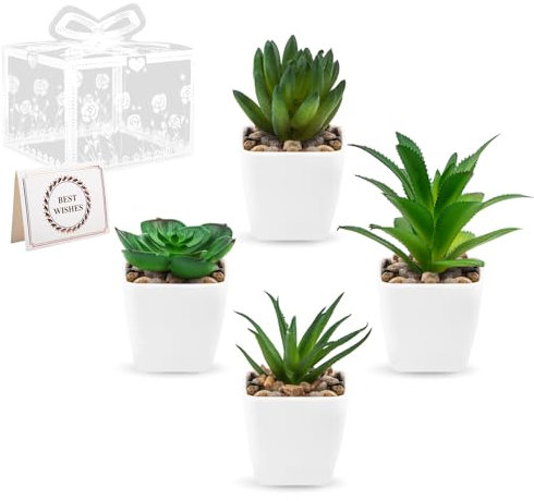 4 Pcs Fake Plants Paired With Gift Boxes And Greeting Cards Small Artificial Plants Indoor Succulent Plants Decorative Artificial Flora Plastic Plants Suitable For Christmas Wedding Birthday Gifts