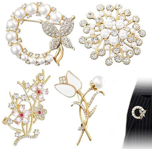 Alovez 4 Stück Broschen für Damen Perle Blume Broschennadeln mit Strass Hochzeit Blumenstrauß Broschen Pin Gold Elegante Brosche Anstecknadel Clip für Partys Bankette Schal Kleidung Dekoriert