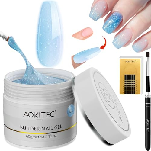 Aokitec 60 g uppbyggnadsgel med nagelformer och borst: blått glitter UV/LED-hård gel för borttagning av nagelförlängning, modellering och fantastiska glitterdesigner, manikyrset för hemmabruk
