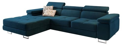 Masseno Ecksofa ELMA L-S mit Schlaffunktion L-Form, Sofa mit Bettkasten, Wohnzimmersofa, Couch, Soffa, Bettsofa, Couchgarnitur- Blau, Monolith 77