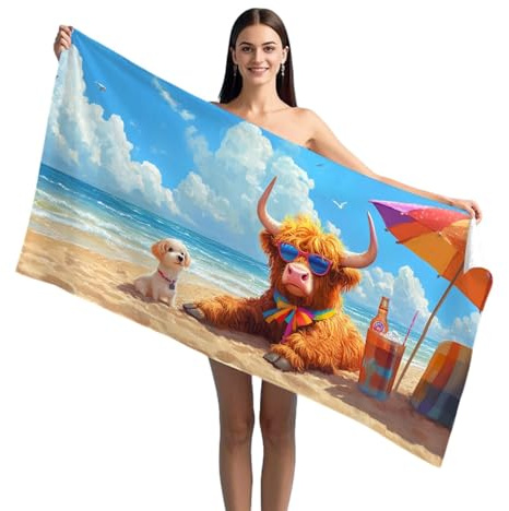 LXTOPN Highland Cow Beach Towel 90x180cm Large Bath Towel Microfibre Lightweight Towels for Adults Kids, Sand Free & Quick Dry Beach Mat