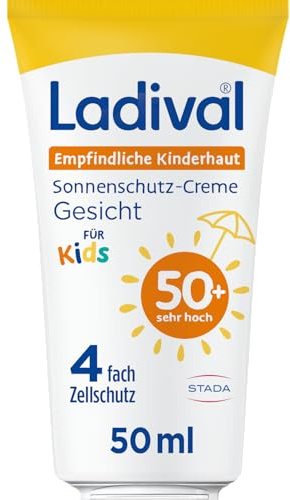 Ladival Solkräm för barn SPF 50+ för känslig barnhud – solskyddsmedel för ansikte och kropp, för spädbarn och barn från 6 månader, närande, extra vattentät, 4-vägs cellskydd, 50 ml