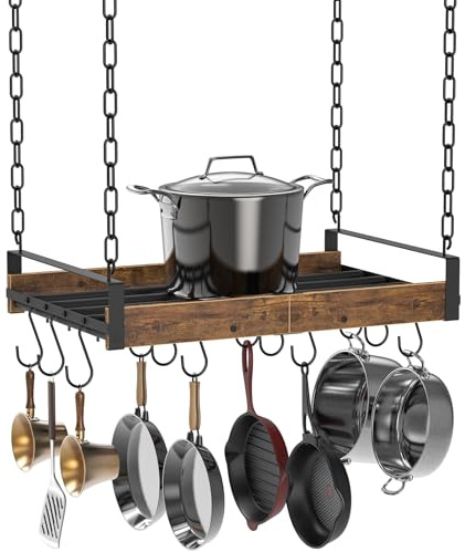 Creso hom Hanging Pot Rack, 24x13 Inch Pot Hangers for Kitchen with 12 S-Shaped Hooks, Vintage Ceiling Mounted Pan Holder with Raised Edges for Cookware Storage, Rustic Brown and Classic Black