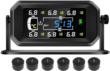 Cpolebev Voiture RV Camion TPMS 6 Roues Capteur Solaire Système de Surveillance de la Pression des Pneus Horloge de Température Affichage de la Pression d'air Alarme A