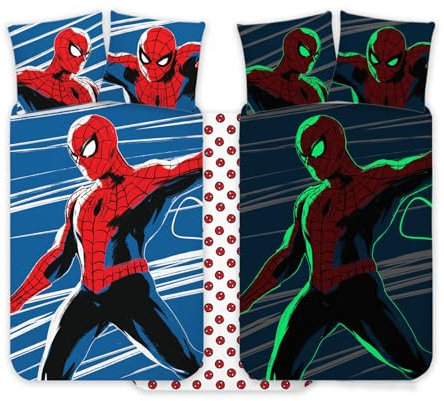 Spiderman parure de lit 100 x 140 cm + taie d'oreiller 40 x 45 cm, 100 % coton | Parure phosphorescente pour bébé, douce et reversible
