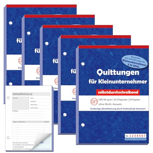 Nezyo Bloc de Reçus Autocopiant pour Petites Entreprises DIN A6 Portrait – 2 x 50 Feuilles Blocs de Reçus Perforés pour Petites Entreprises Associations Indépendants(5 Pièce, Verticale)