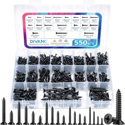 DIVANC 550Pcs 304 Stainless Steel Wood Screws Assortment Kit, Phillips Flat Head Sheet Metal Screws Self Tapping Screws Set, #4#6#8#10#12 Wood Assorted Screw (Black-Flat Head 550PCS)