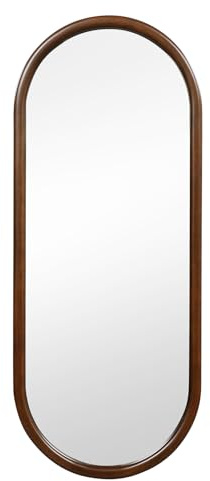 GOPLUS Väggspegel med träram, spegel oval 110 x 45 cm, hängande spegel trä, HD-spegel med 4 krokar, oval badrumsspegel för badrum, hall, vardagsrum, sovrum, valnöt