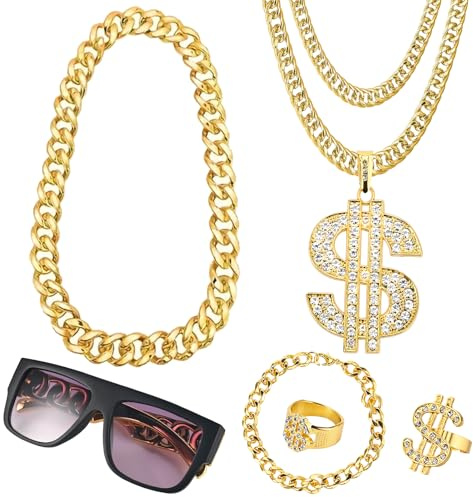 GOLDGE Zuhälter Kostüm, 6 Stück Hip Hop Rapper Kostüm, 80er 90er Jahre Outfit Herren & Damen, Goldkette Herren/Dollar Kette/Sonnenbrille/Dollar Ring für Halloween, Karneval, Fasching Mottoparty